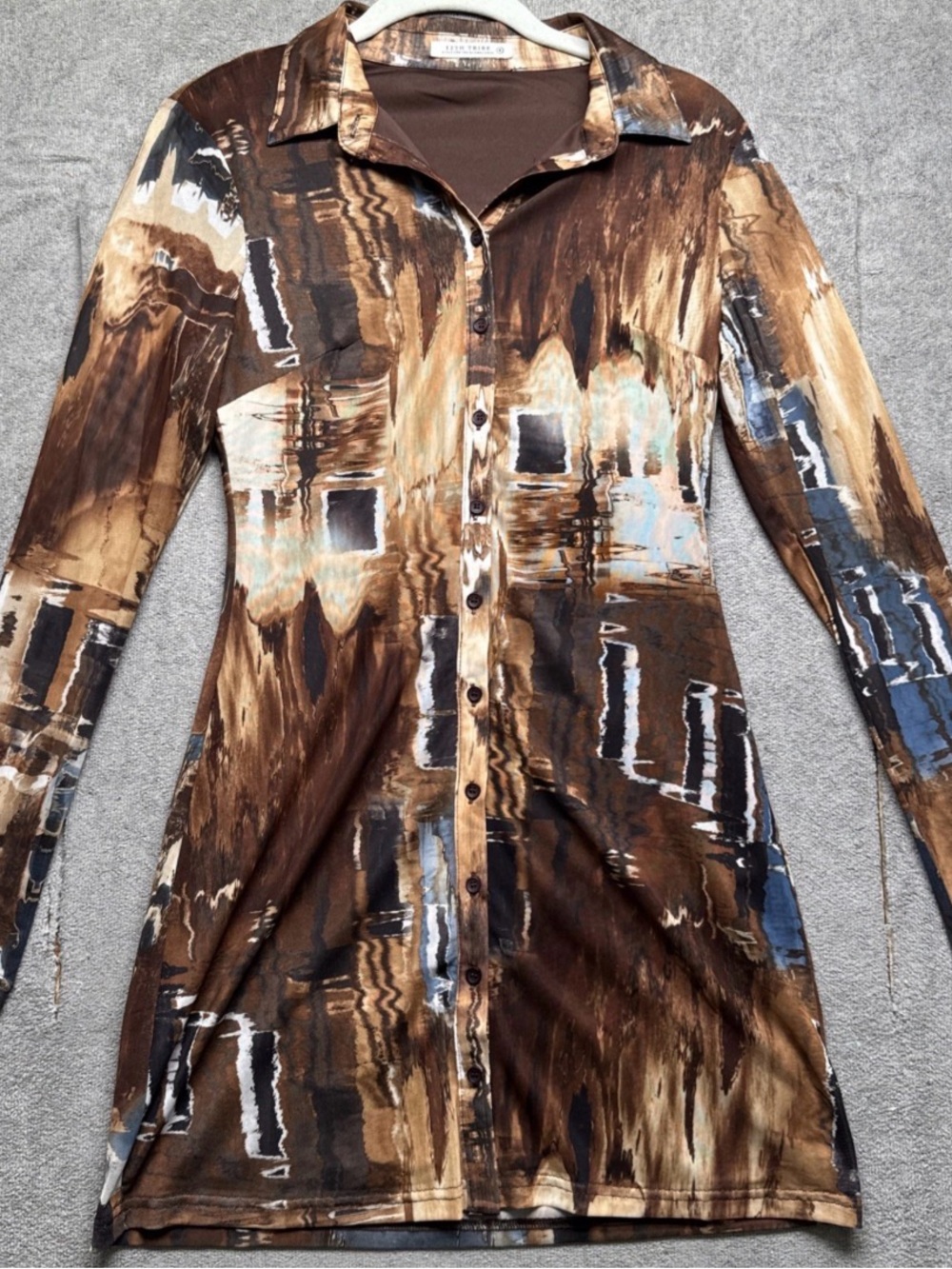 12th Tribe western boho brown abstract print shirt dress long sleeve (small)